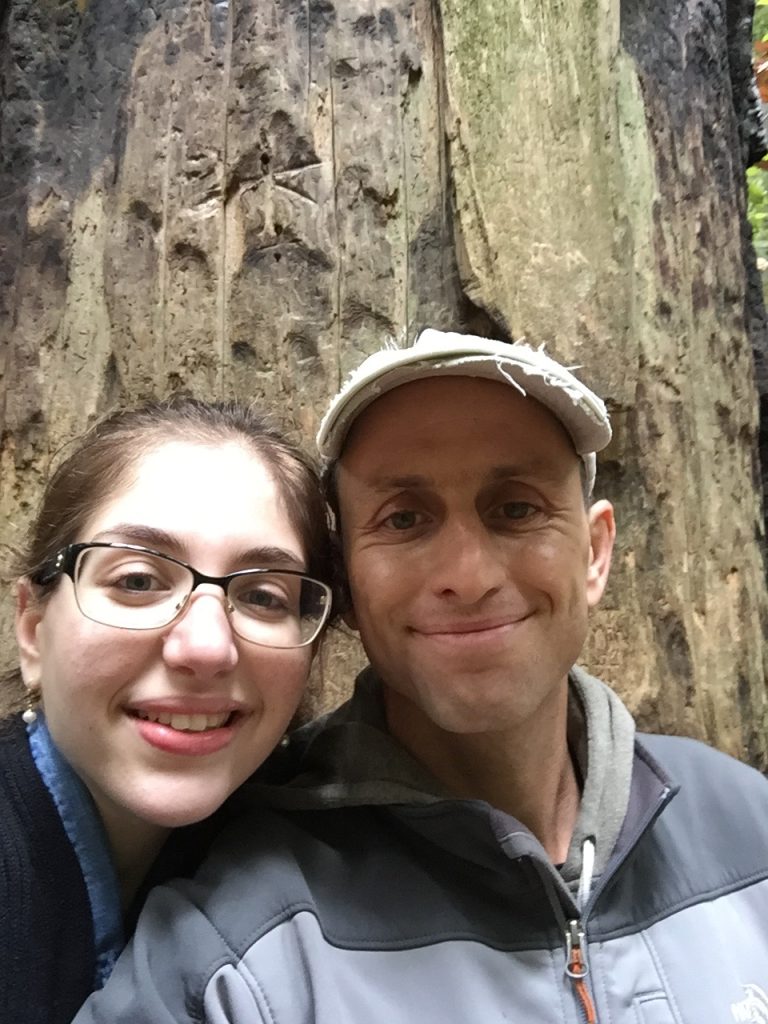 Taking a break with my sister Jacky in front of a giant redwood. 13:30 – feeling mostly ok.